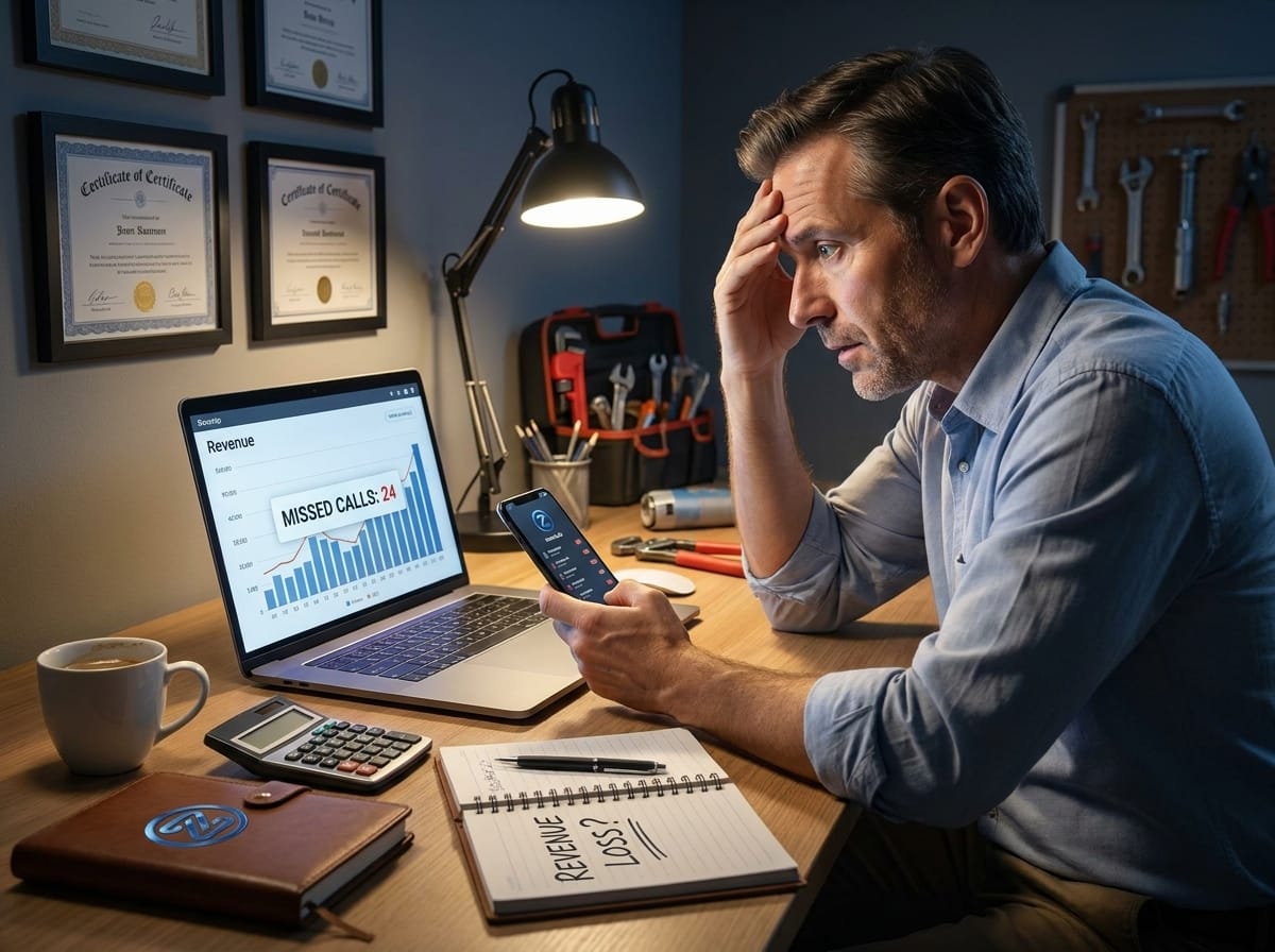 A stressed business owner reviewing a laptop showing 24 missed calls and a revenue chart, with a notepad reading "Revenue Loss?" - the cost of unanswered calls