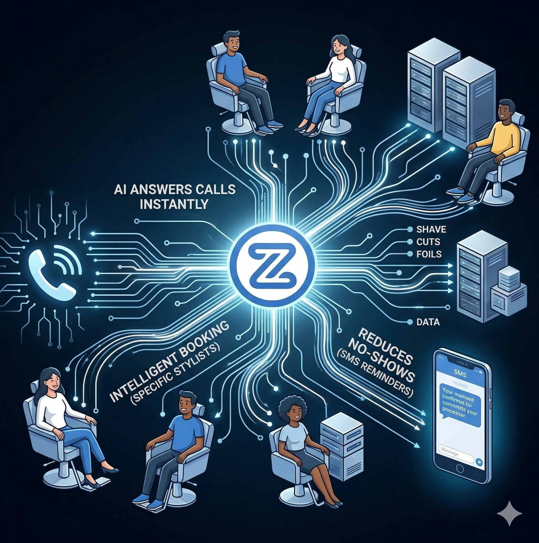 ZenOp AI hub for salons - answers calls instantly, handles intelligent booking with specific stylists for shaves, cuts, and foils, and reduces no-shows with SMS reminders