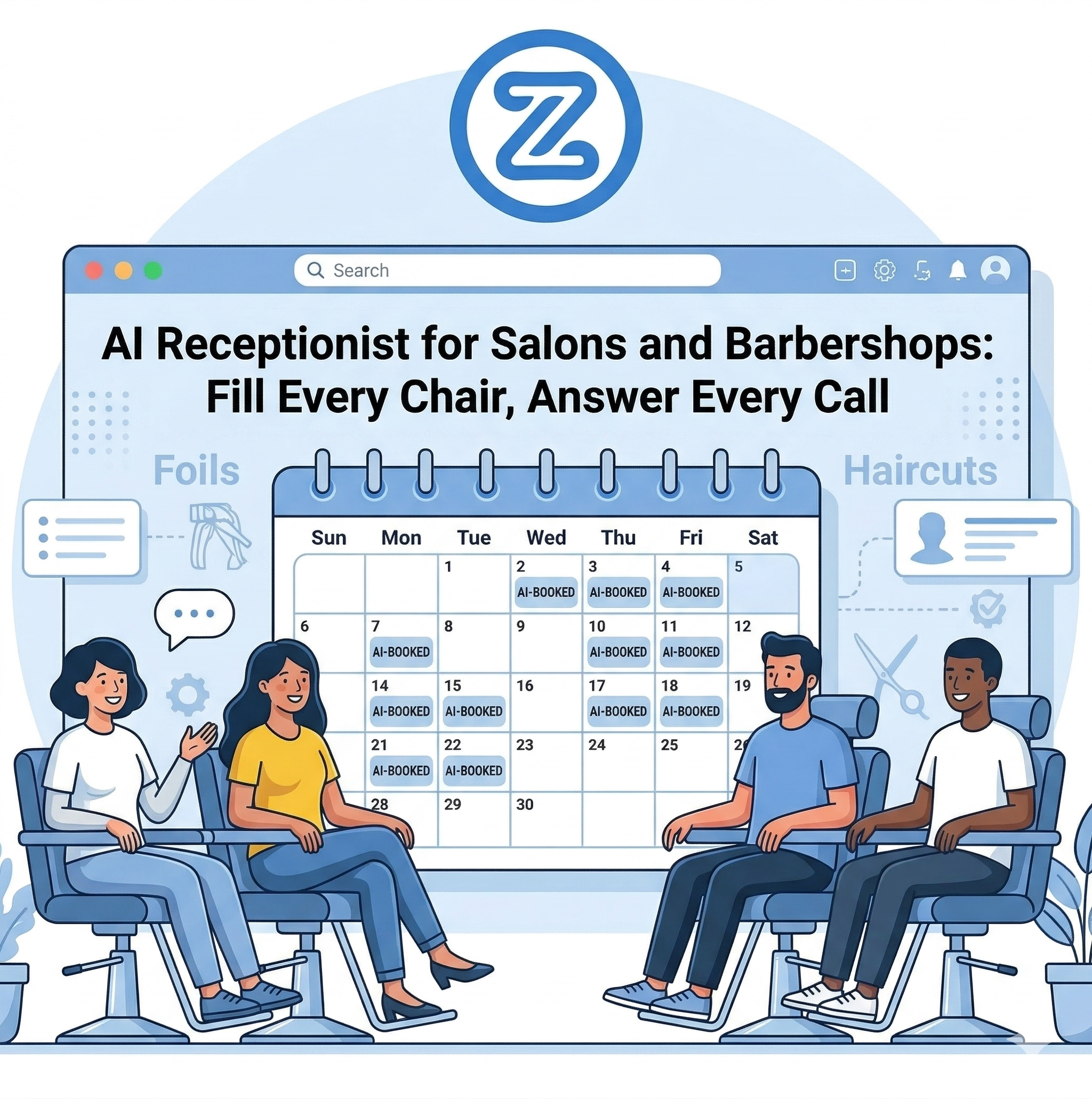 ZenOp AI Receptionist for salons and barbershops - a full weekly calendar with stylists in chairs getting services done while calls are handled automatically