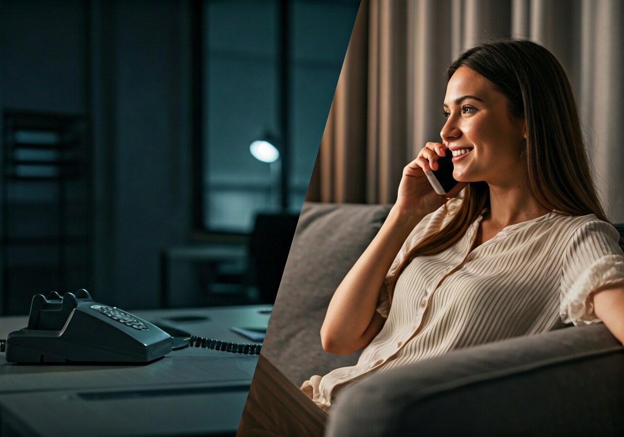 A split-screen scene showing on the left side a dark empty office with a ringing phone at night, and on the right side a happy customer on their couch getting their question answered on a phone call, warm evening lighting