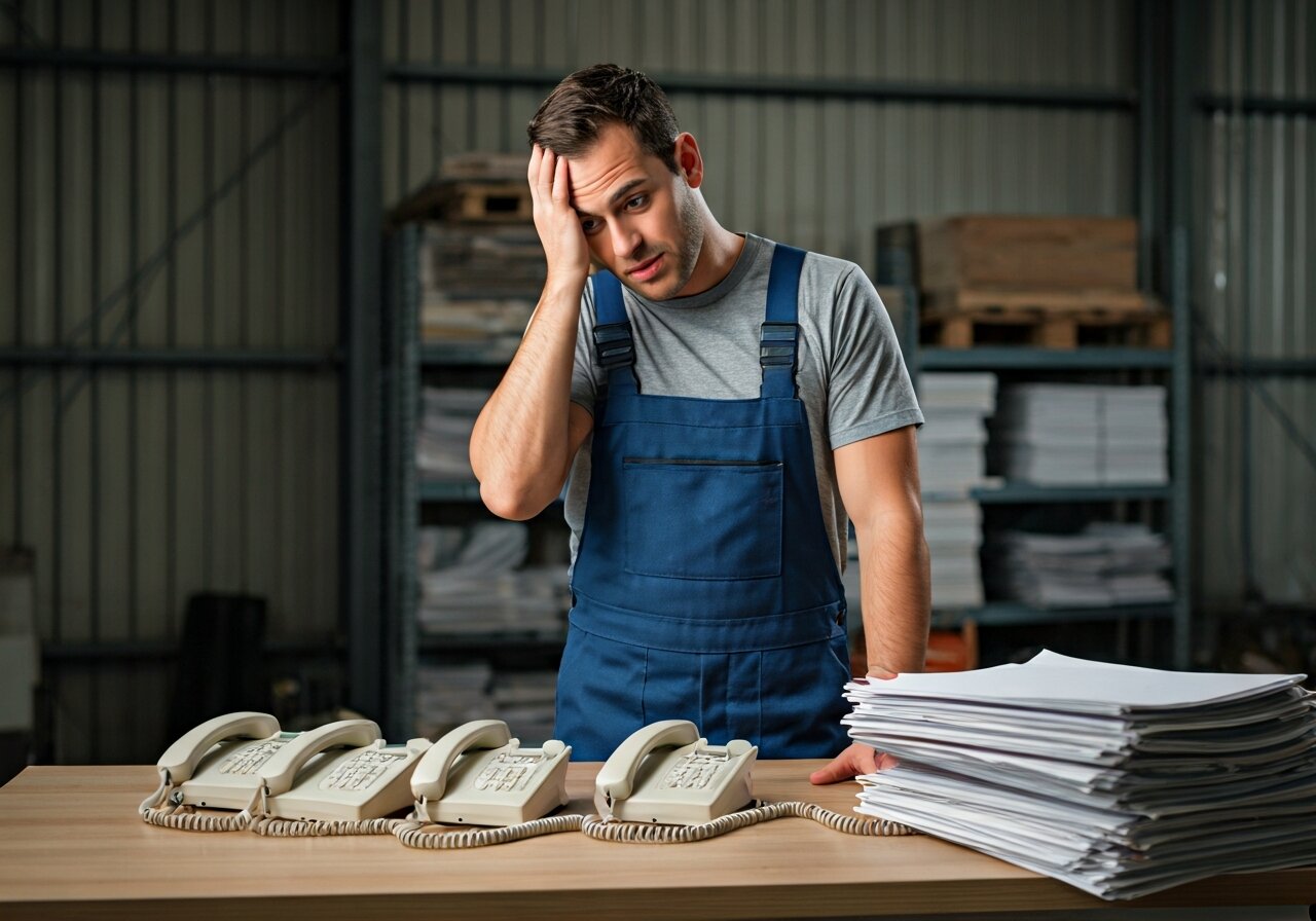 A small business owner in a plumbing uniform standing in a warehouse, looking stressed while three phones ring simultaneously on a cluttered desk, with work orders piling up beside them