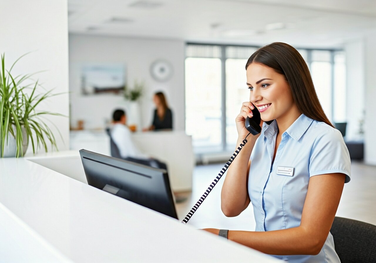 A friendly receptionist at a clean modern front desk answering a phone with a warm smile, a small waiting room with two customers visible in the background, natural daylight coming through windows