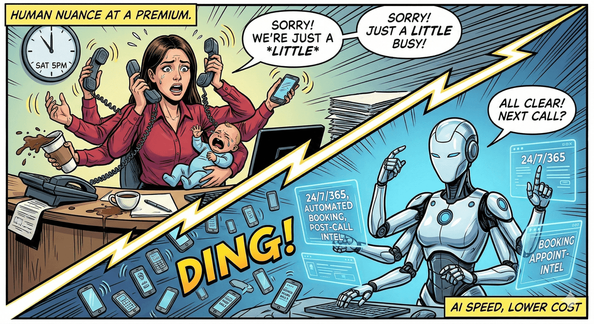 Comic: human receptionist juggling multiple tasks saying "sorry, just a little busy" versus AI receptionist ready 24/7 at lower cost