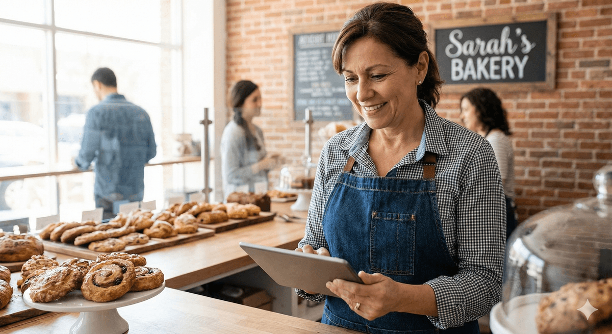 A small business owner checking her ZenOp dashboard on a tablet while serving customers in her bakery