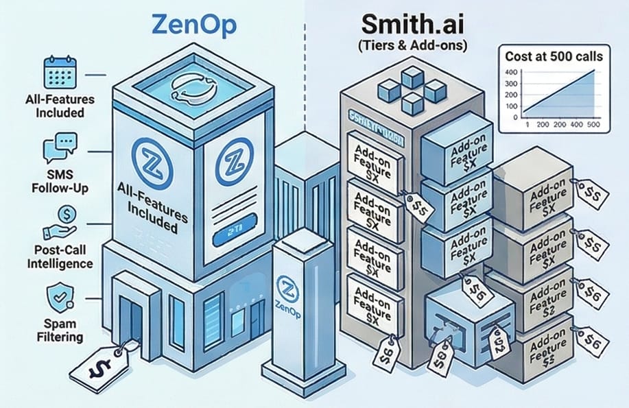 ZenOp includes all features in one package versus Smith.ai's stacked tiers and add-on fees that grow with each feature