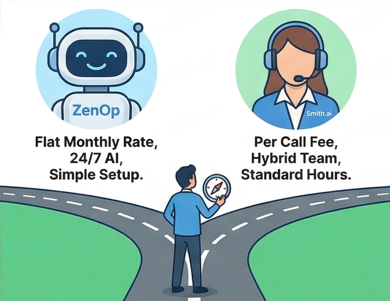 Fork in the road - ZenOp path offers flat monthly rate, 24/7 AI, simple setup while Smith.ai path offers per call fee, hybrid team, standard hours