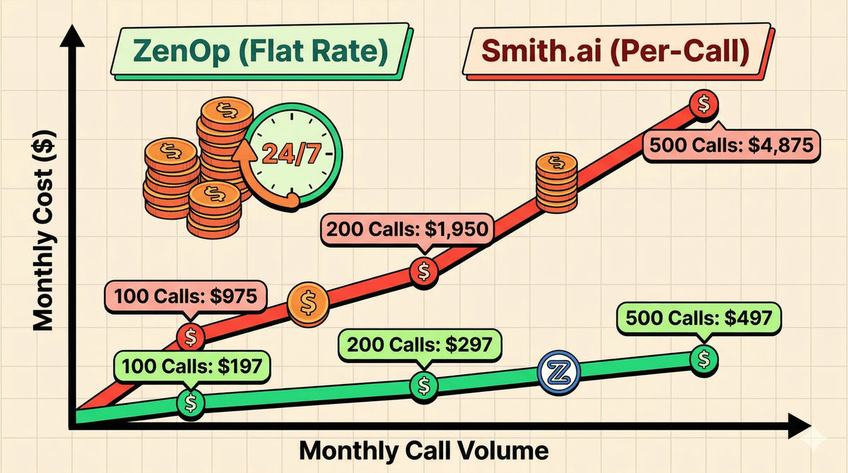 ZenOp flat rate vs Smith.ai per-call pricing chart - ZenOp stays flat at $197-$497 while Smith.ai climbs from $975 to $4,875 as call volume grows