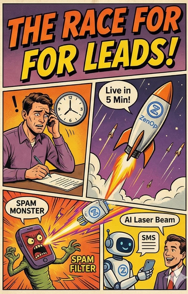 The Race for Leads - comic showing ZenOp launching in 5 minutes, AI laser beam filtering spam, and SMS follow-up capturing leads