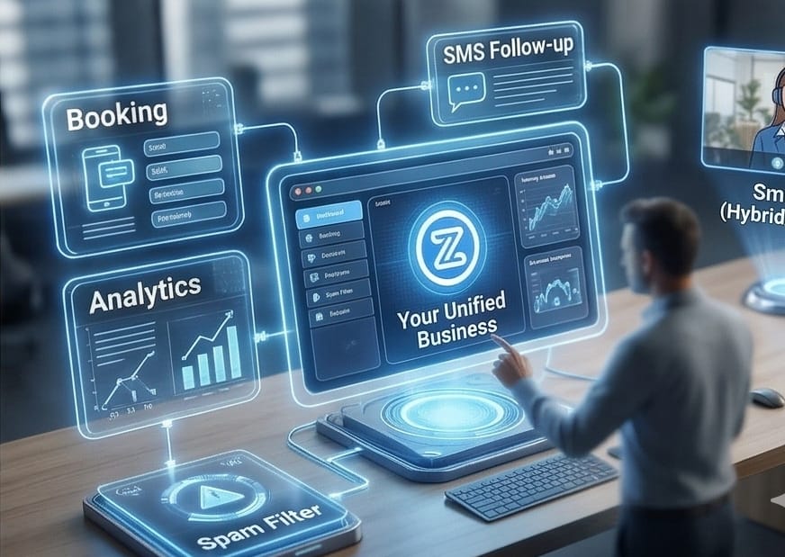 ZenOp unified business dashboard showing booking, SMS follow-up, analytics, and spam filtering all included in one platform