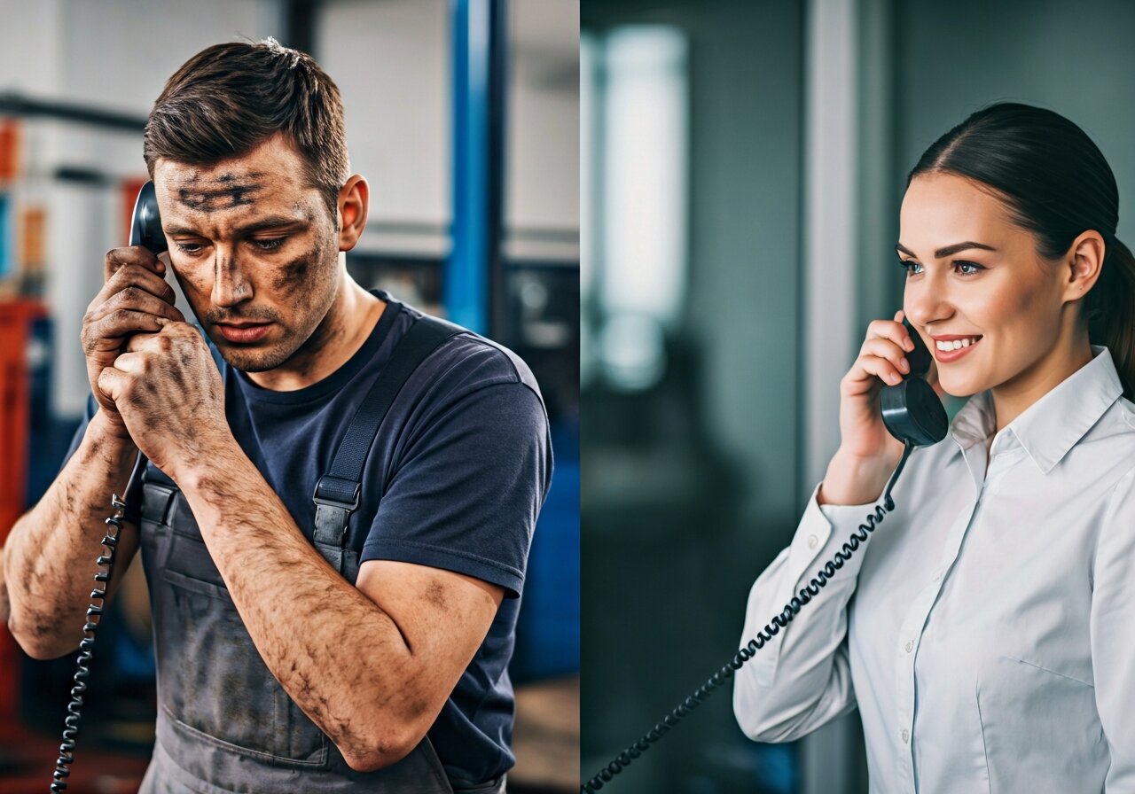 A split-screen scene showing a busy auto mechanic with greasy hands unable to answer a ringing wall phone on the left, while on the right a competitor's clean front desk staff member smiles and picks up a phone