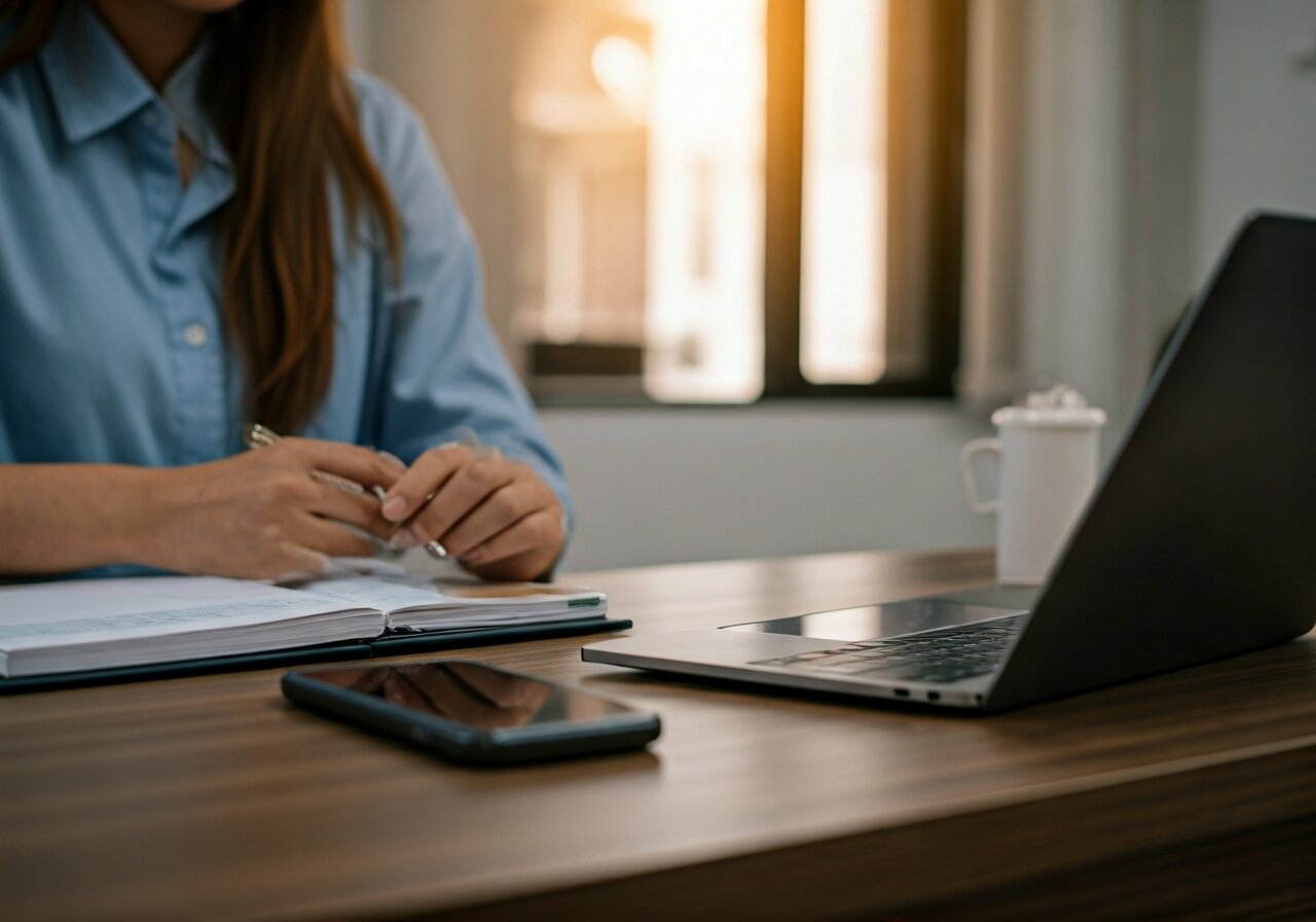 A calm small business owner sitting at a tidy desk reviewing appointment bookings on a laptop, a phone on the desk with a green "answered" indicator, afternoon sunlight through a window