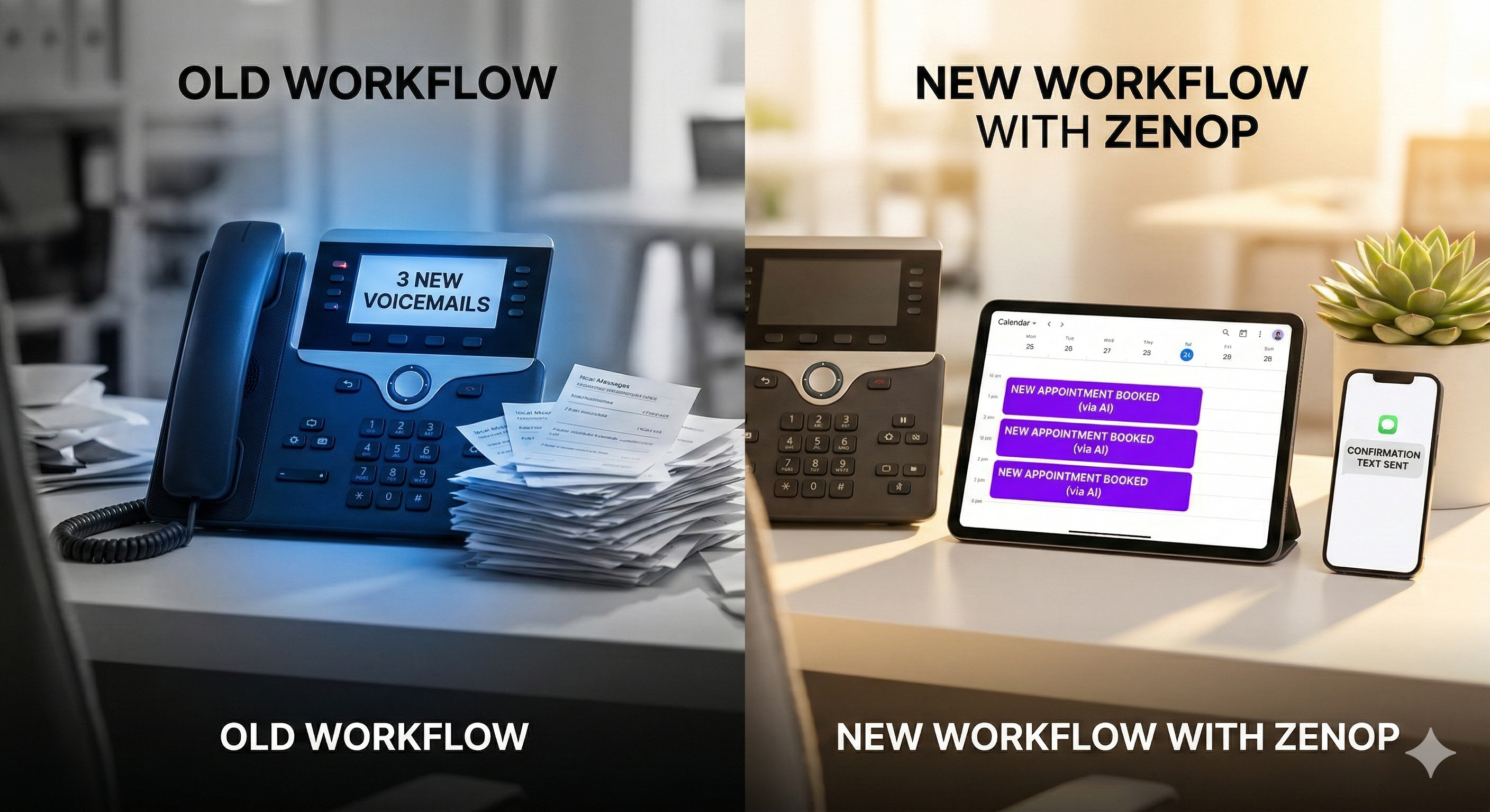 Old workflow with 3 new voicemails and paper notes versus new workflow with ZenOp showing booked appointments and SMS confirmations