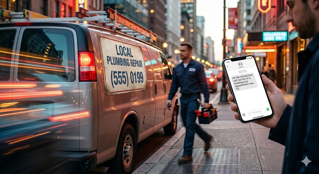 A plumber walking to his van while a customer nearby receives an instant SMS follow-up from ZenOp on the same business number