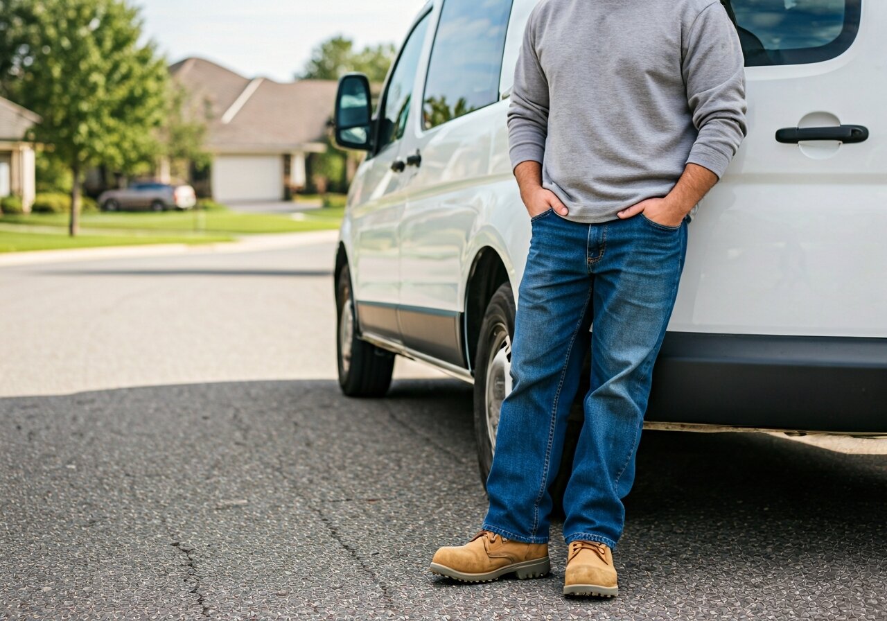 A contractor in work boots standing beside a service van, smiling at a phone screen showing a confirmed appointment notification, suburban neighborhood in the background